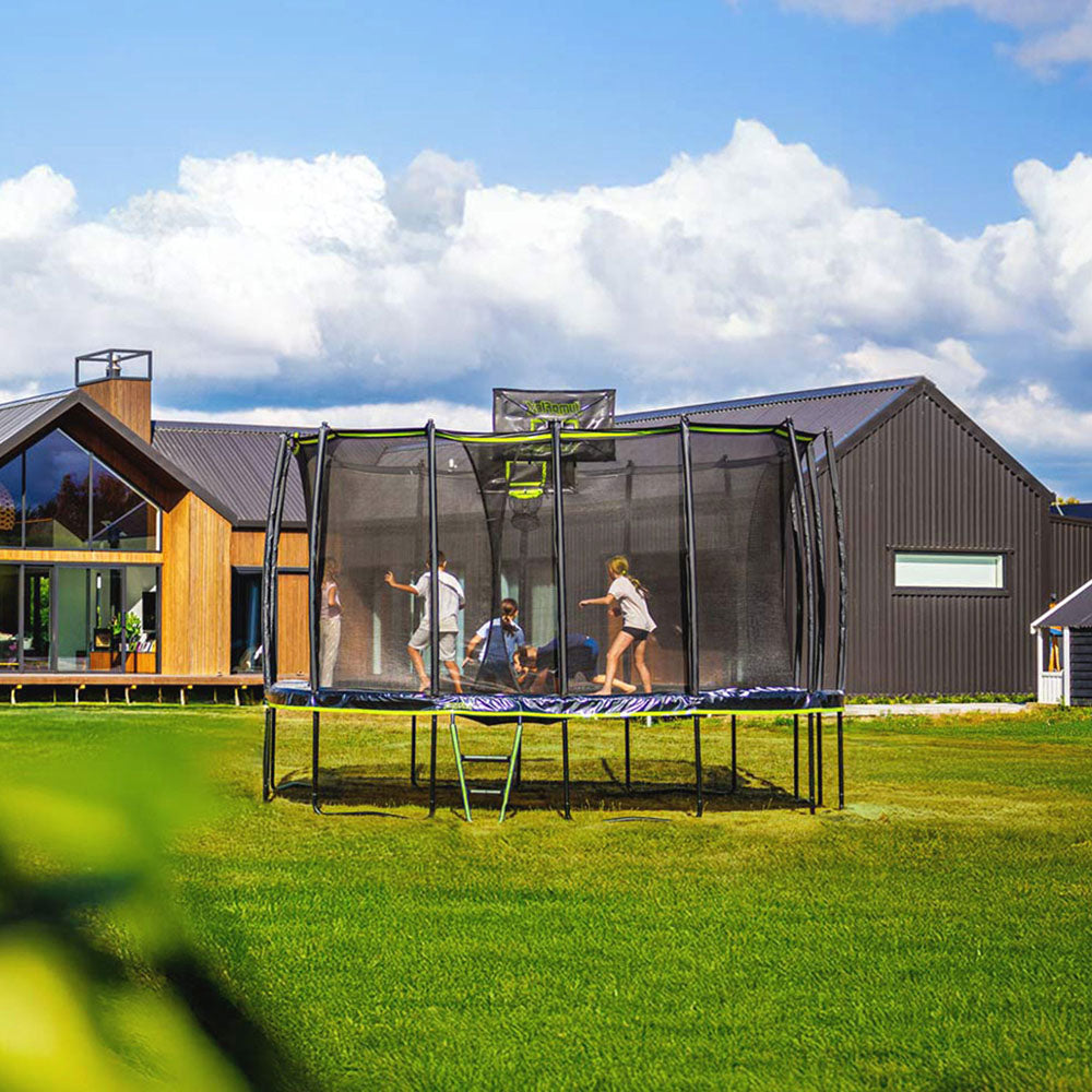 JumpFlex 17' Trampoline MEGA Outdoor Playset with Net and Ladder, Green/Black