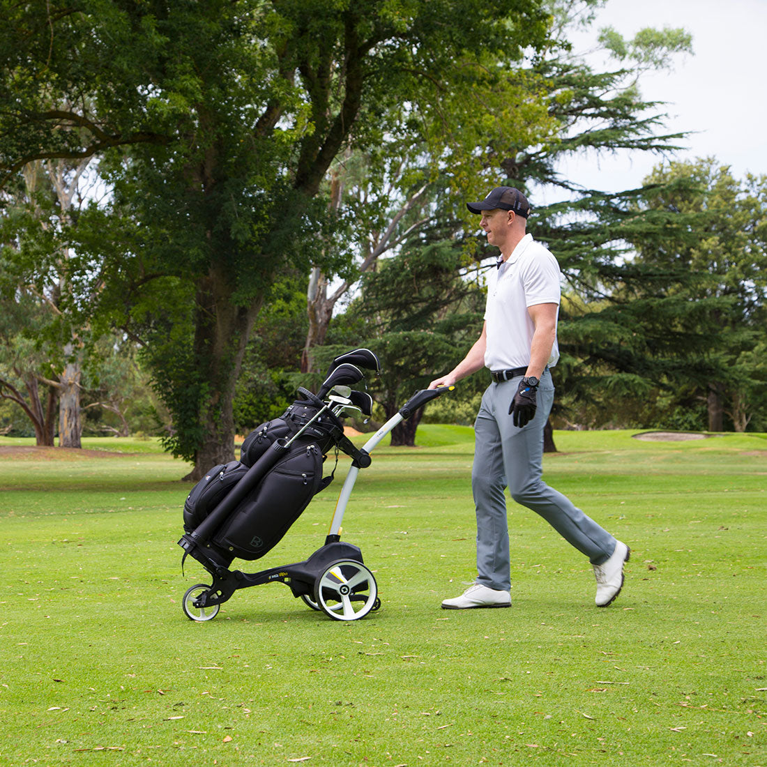 MGI Zip X5 Electric Golf Push Cart Swivel Wheel Caddie with Accessories, Black - VMInnovations