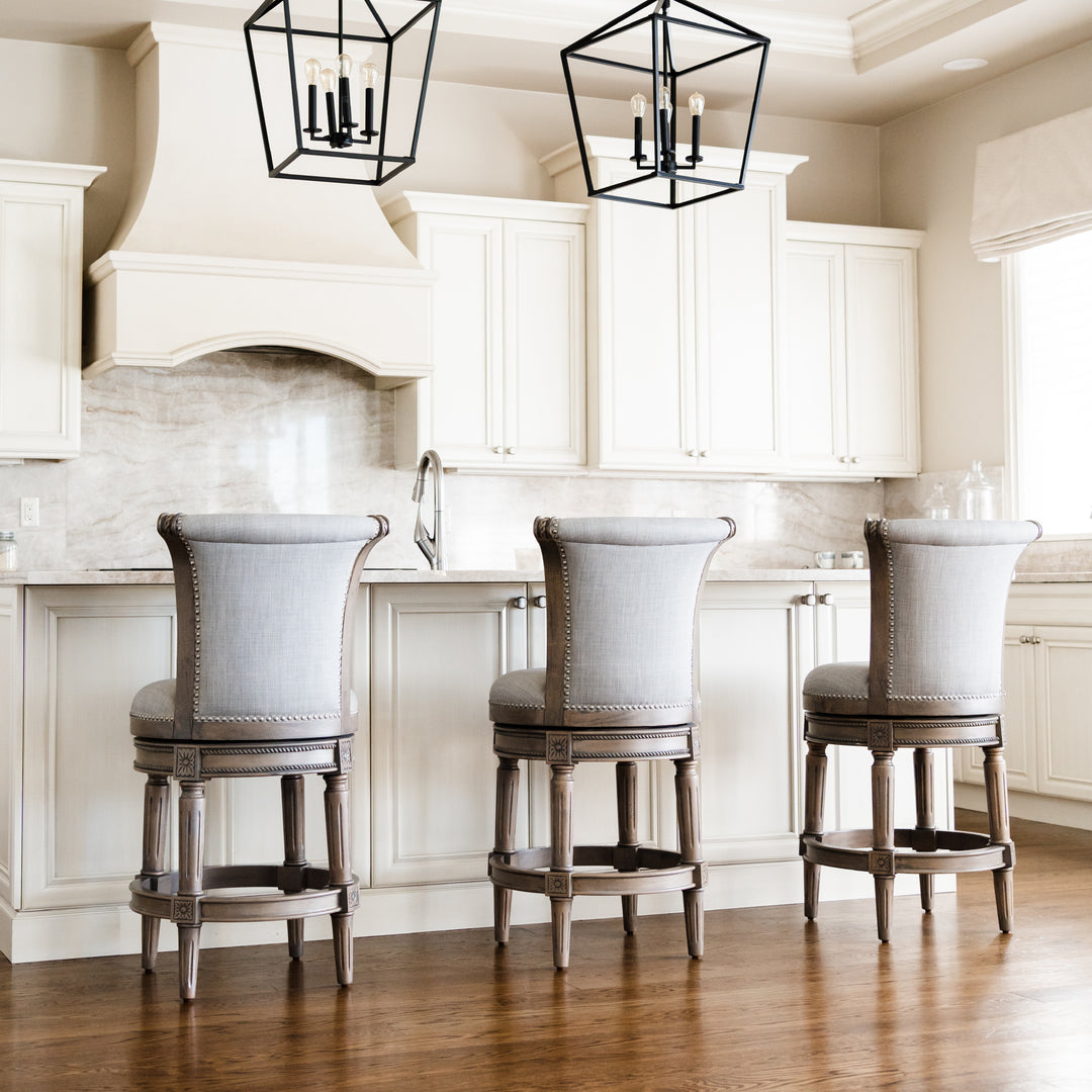 Maven Lane Pullman Bar Stool, Reclaimed Oak Finish w/ Ash Grey Fabric Upholstery - VMInnovations