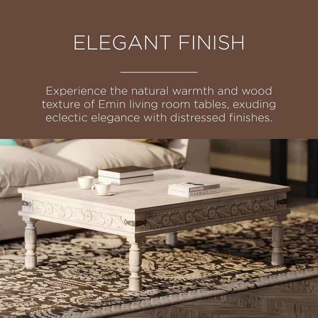 Emin Nomad Wooden Rectangular Coffee Table in Distressed Natural Finish - VMInnovations