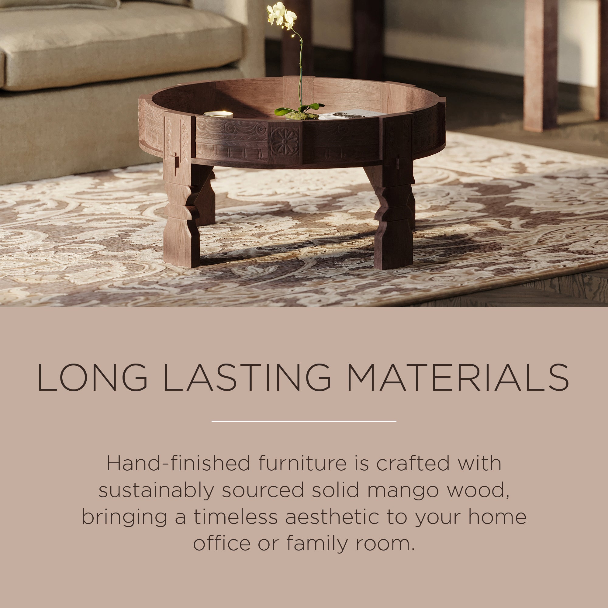 Jaya Nomad Wooden Round Coffee Table in Brown Distressed Finish - VMInnovations