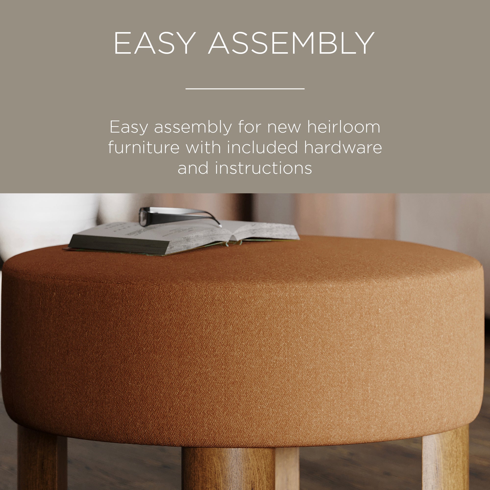 Maven Lane Celia Upholstered Ottoman with Refined Brown Wood Finish (Used) - VMInnovations