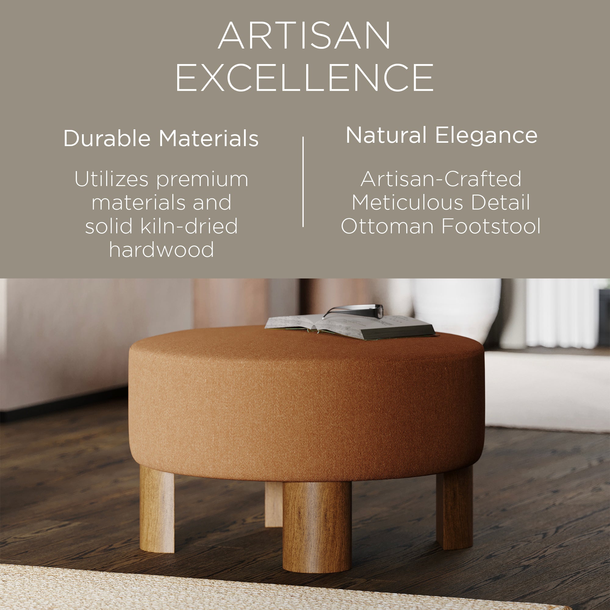 Maven Lane Celia Upholstered Ottoman with Refined Brown Wood Finish (Open Box) - VMInnovations