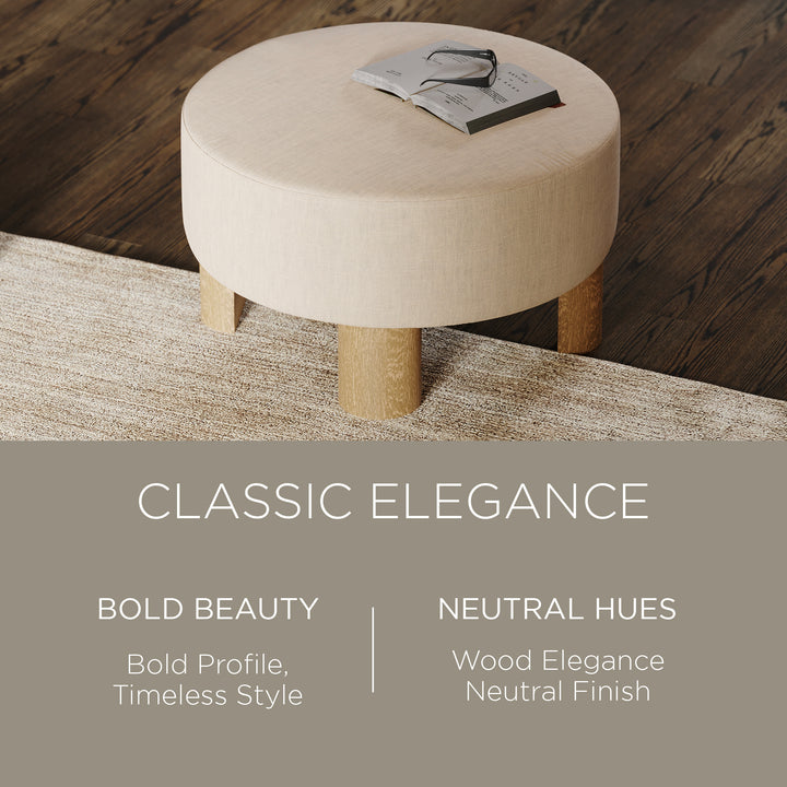 Maven Lane Celia Contemporary Upholstered Ottoman w/ Refined Natural Wood Finish - VMInnovations