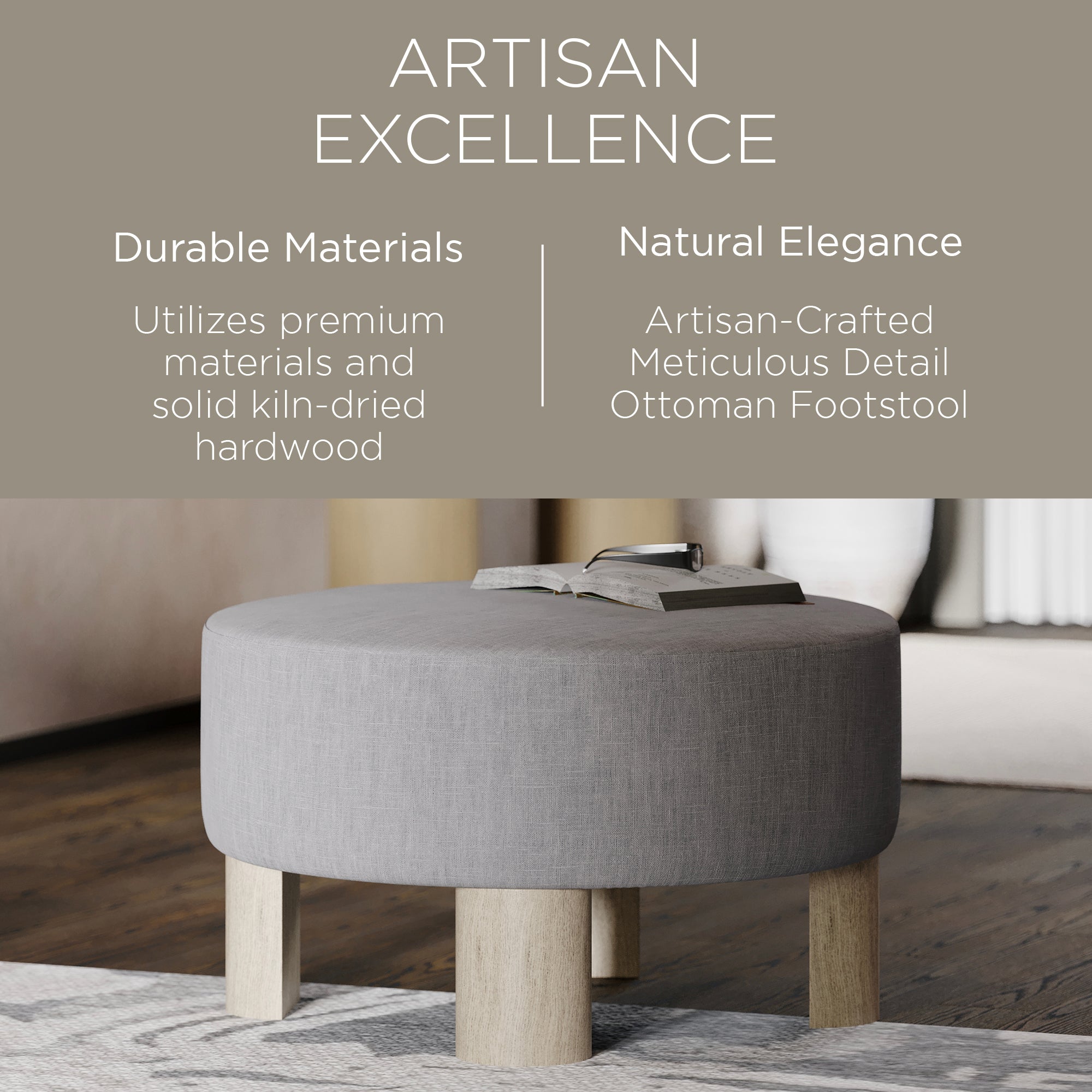 Maven Lane Celia Contemporary Upholstered Ottoman with Refined Grey Wood Finish - VMInnovations