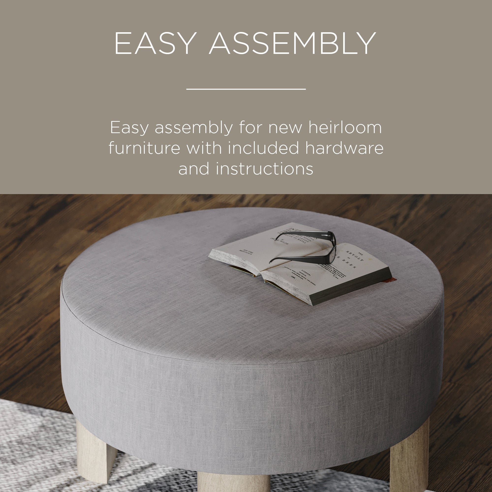 Maven Lane Celia Contemporary Upholstered Ottoman with Refined Grey Wood Finish - VMInnovations