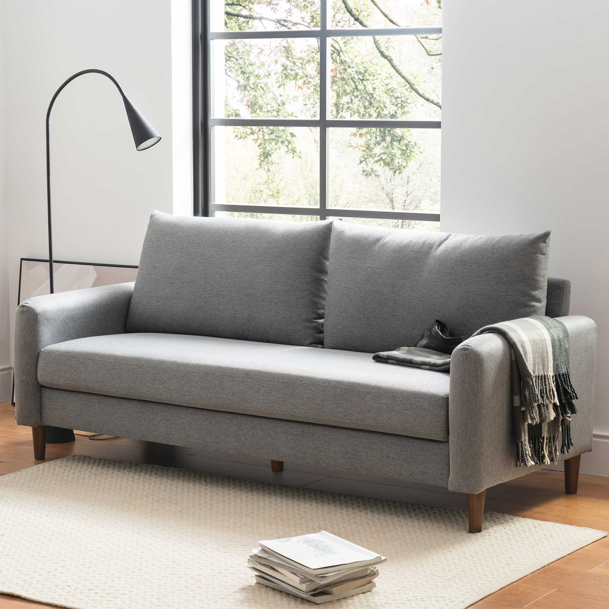 Mellow MAE Mid-Century Modern Curved Arm Sofa with Solid Wood Legs, Light Grey - VMInnovations