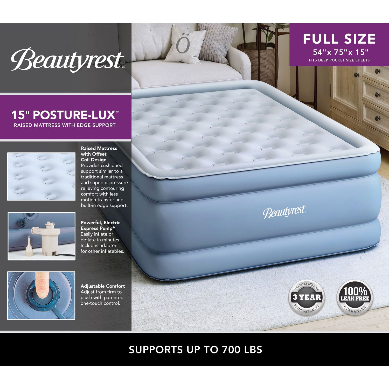 Simmons Beautyrest 15 Inch Express Bed Air Mattress and Pump, Full (Used) - VMInnovations