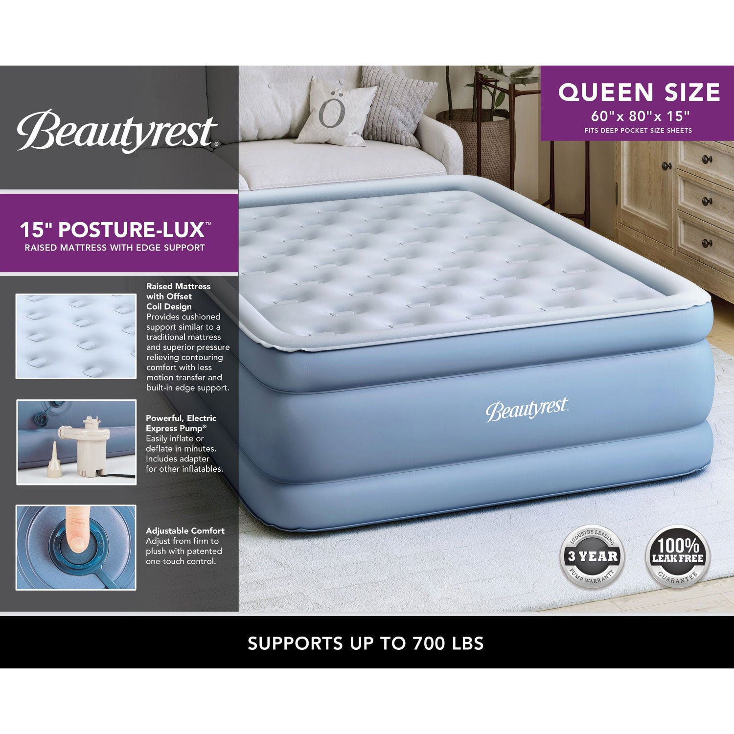 Simmons Beautyrest 15 Inch Posture Lux Air Mattress and Pump, Queen (Open Box) - VMInnovations