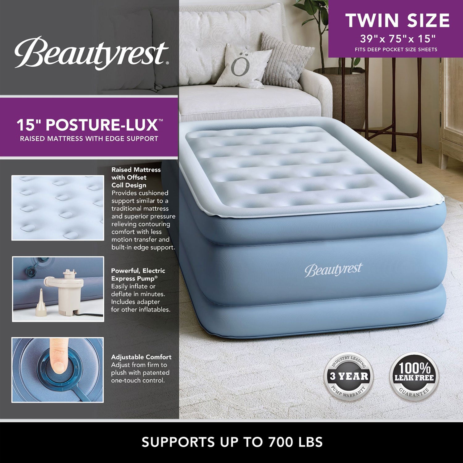 Simmons 15" Posture Lux Size Express Bed Air Mattress & Pump, Twin (Open Box) - VMInnovations