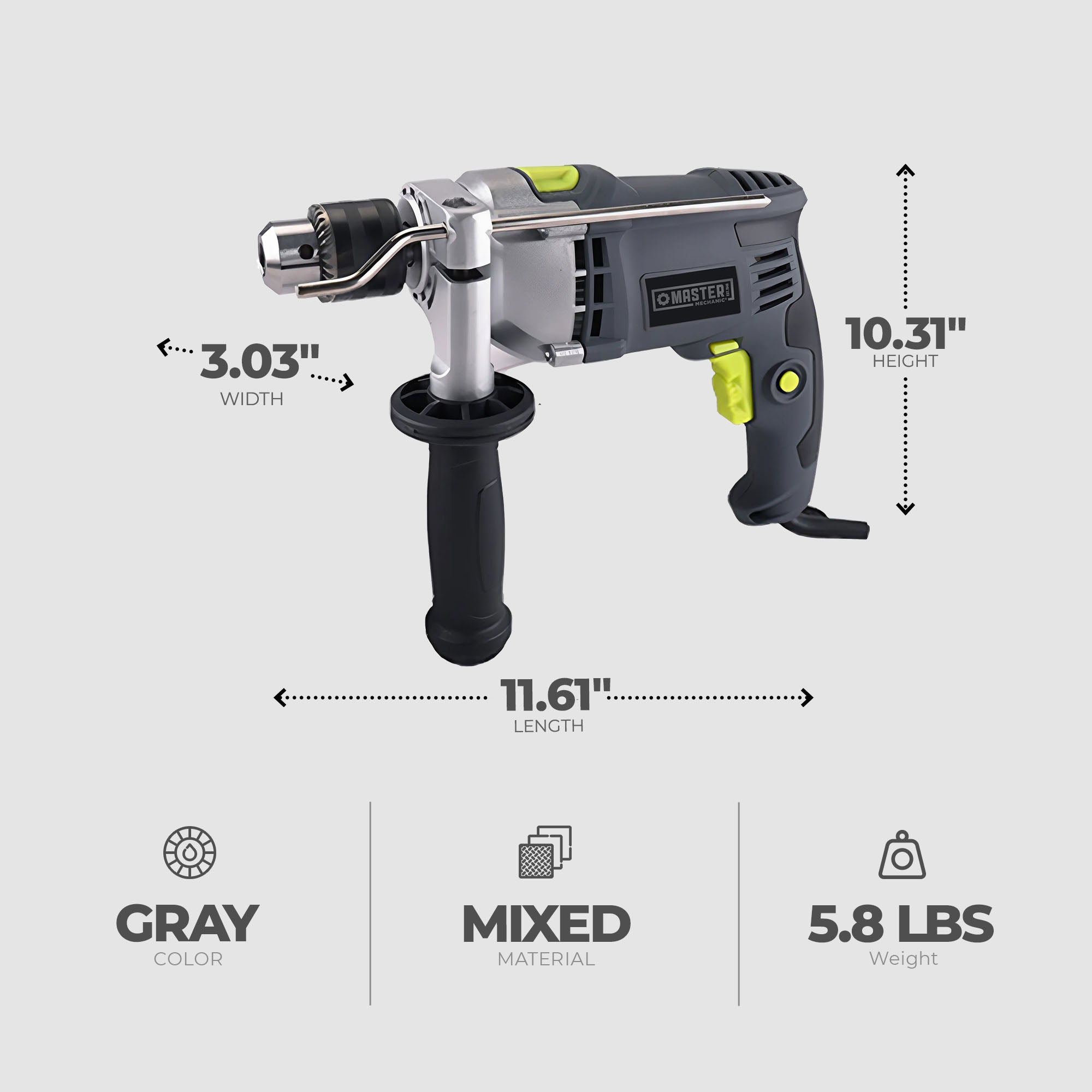 Master Mechanic 7.5 Amp 0.5 Inch Hammer Drill w/ Soft Grip Handle & Metal Gauge - VMInnovations