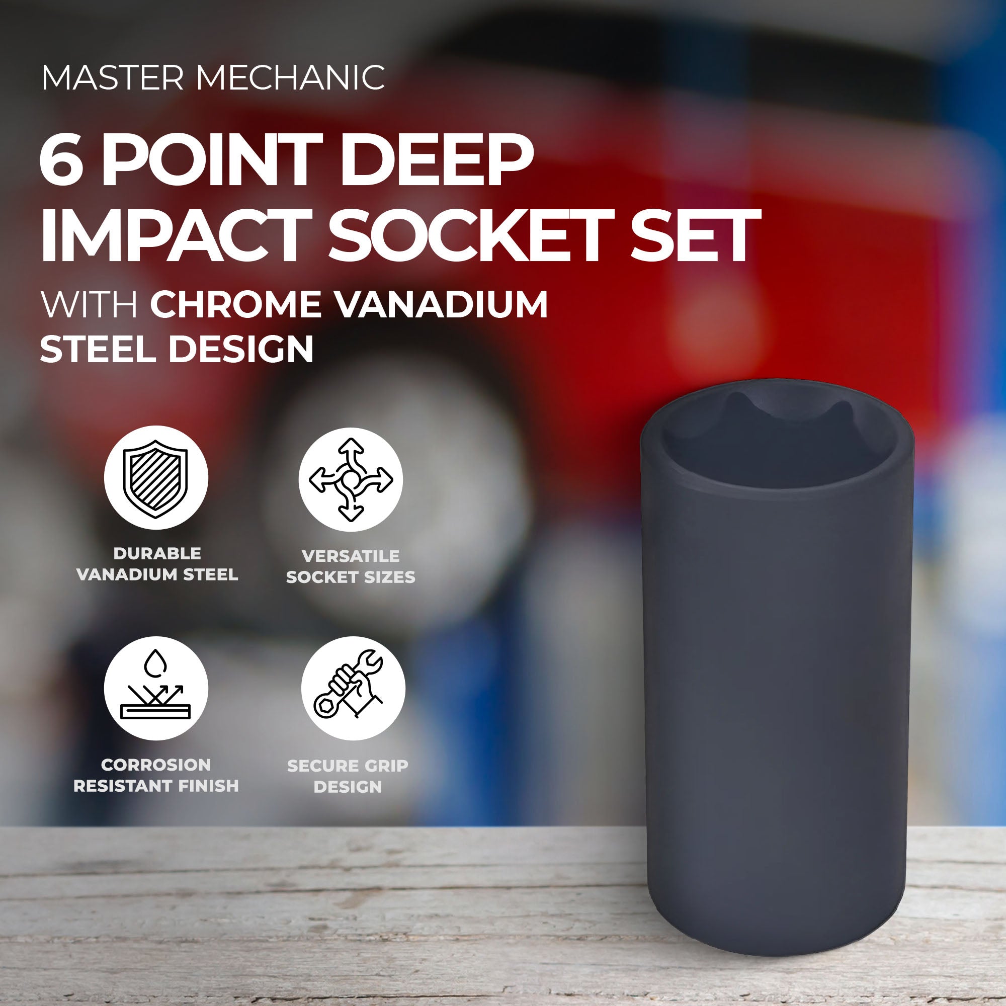 Master Mechanic 6 Point Deep Impact Socket Set with Chrome Vanadium Steel Design - VMInnovations