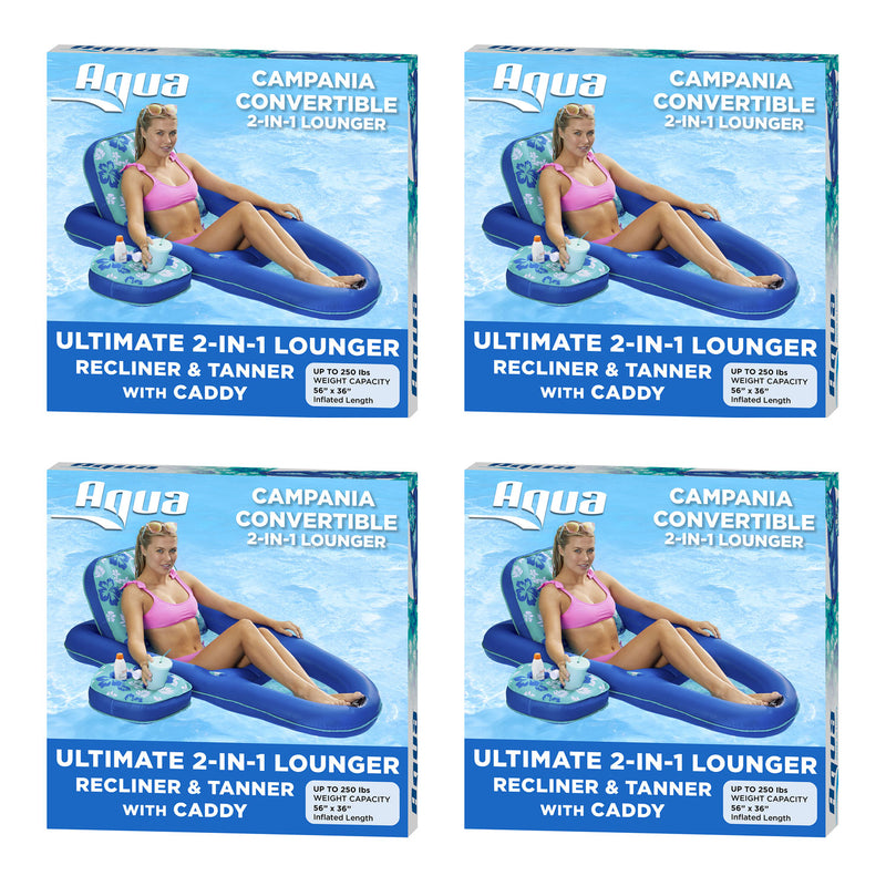 Aqua Leisure Campania 2 in 1 Pool Float Lounger w/ Caddy, Teal Hibiscus (4 Pack)