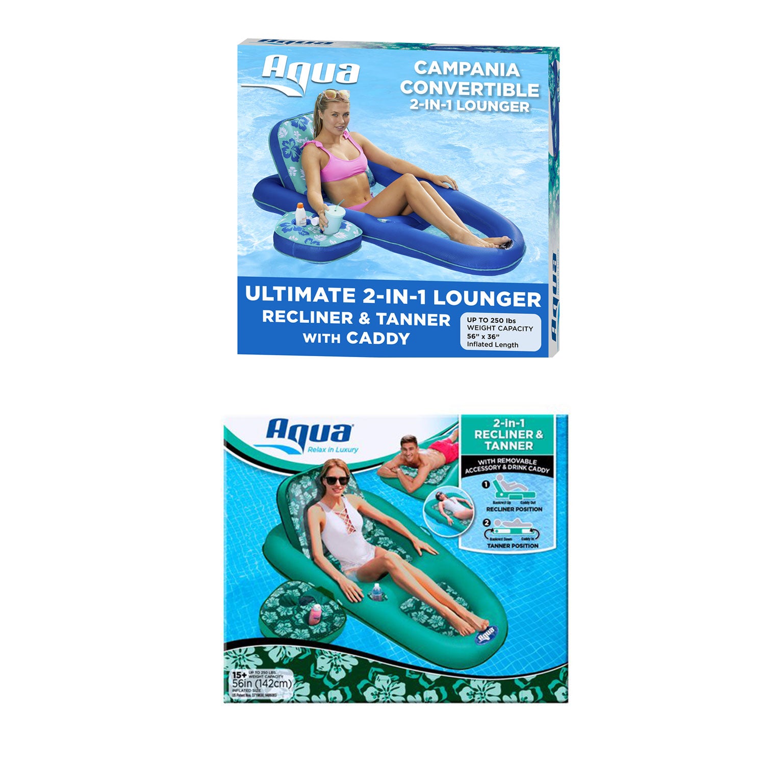 Aqua Leisure Set of 2 Campania 2 in 1 Pool Float Loungers, 1 Teal & 1 Floral - VMInnovations