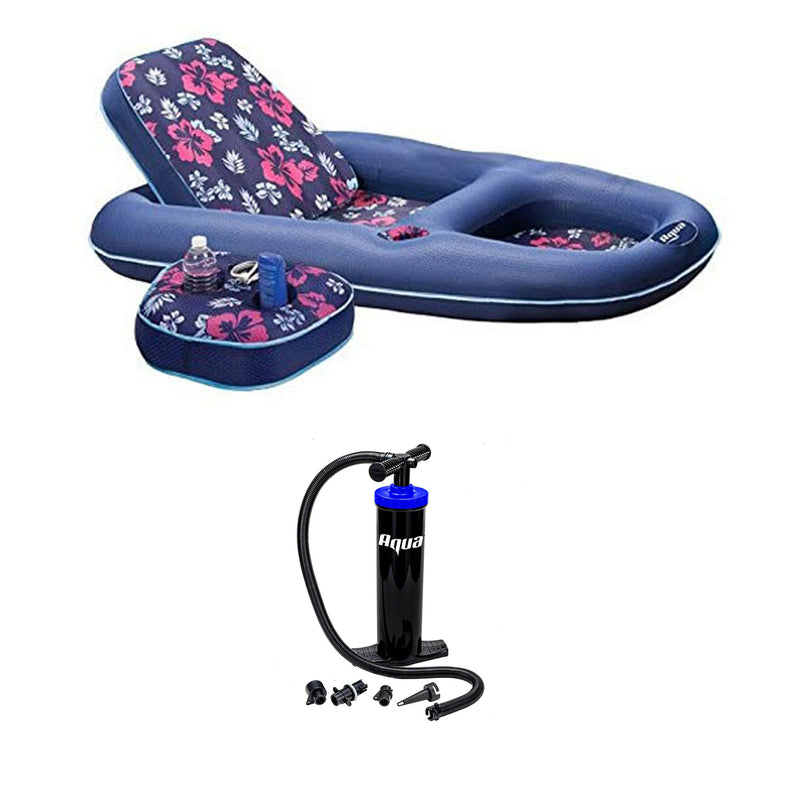 Aqua Leisure Campania 2 in 1 Pool Float w/ Caddy and Hand Pump, Navy Hibiscus