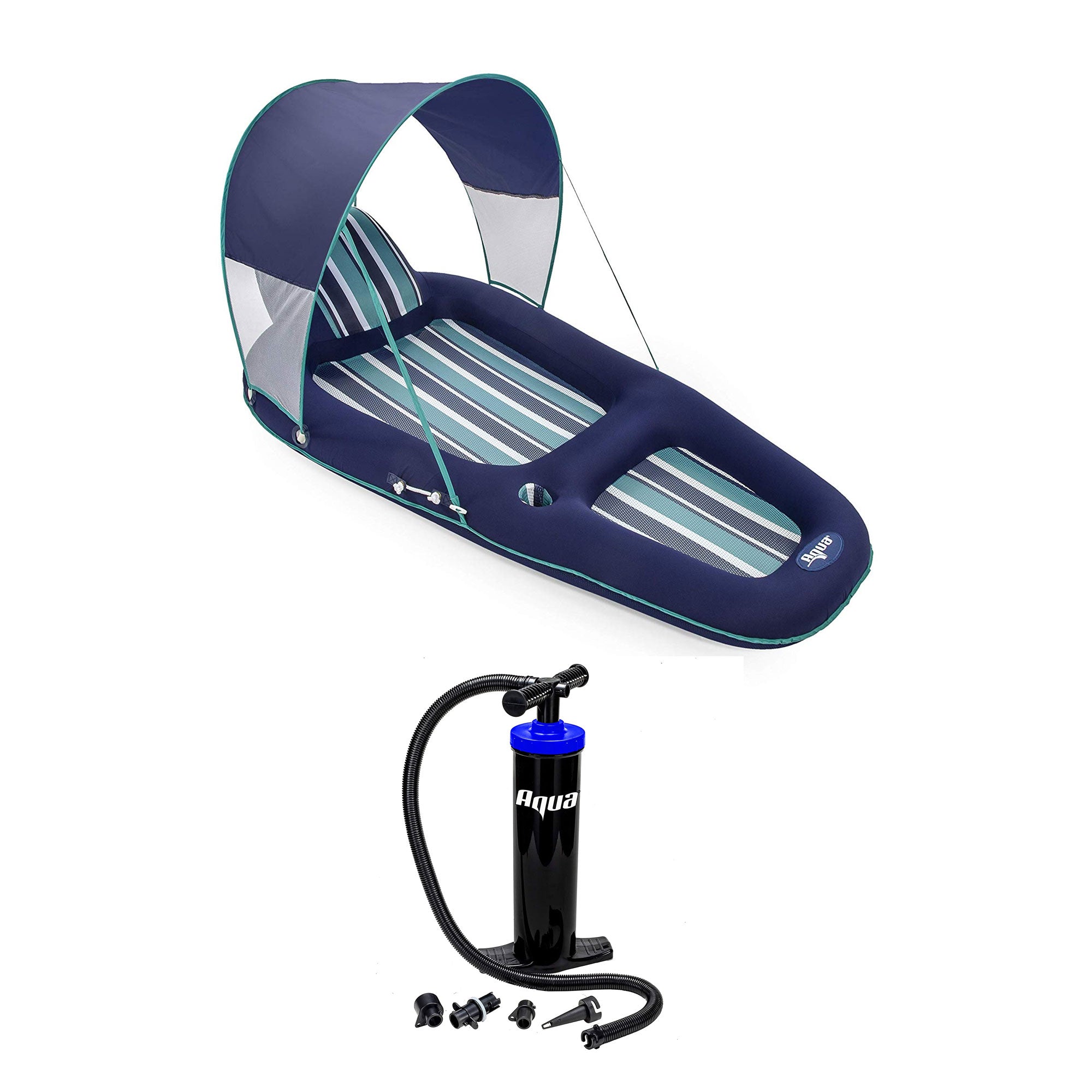 Aqua Leisure Inflatable Pool Lounger Float with Sun Canopy and Hand Pump, Blue