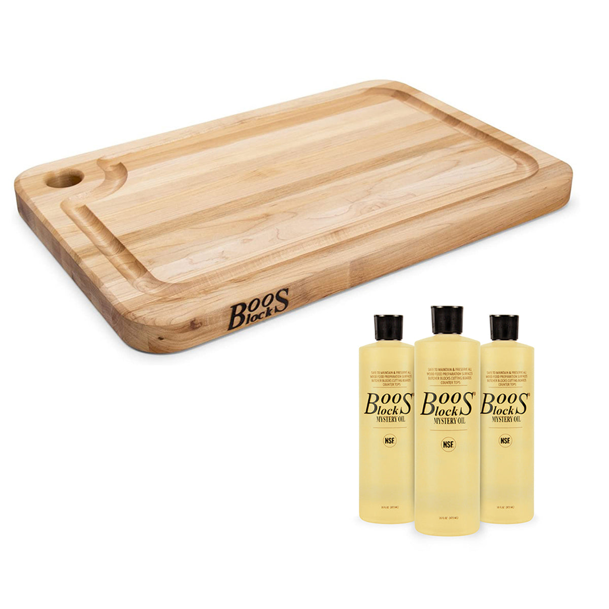John Boos Maple Reversible 18 x 12" Cutting Board & 3 Piece Maintenance Oil Set