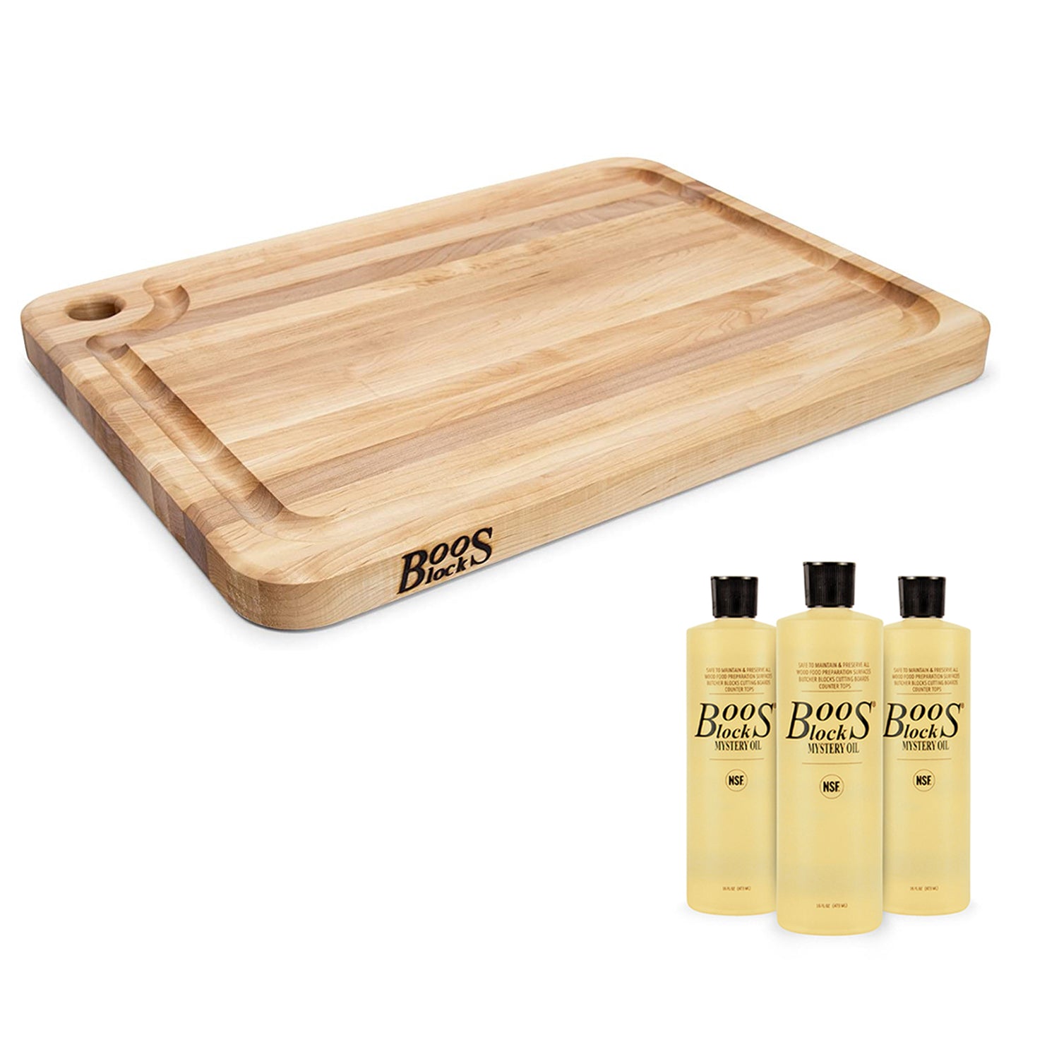 John Boos Maple Reversible 20 x 15" Cutting Board & 3 Piece Maintenance Oil Set