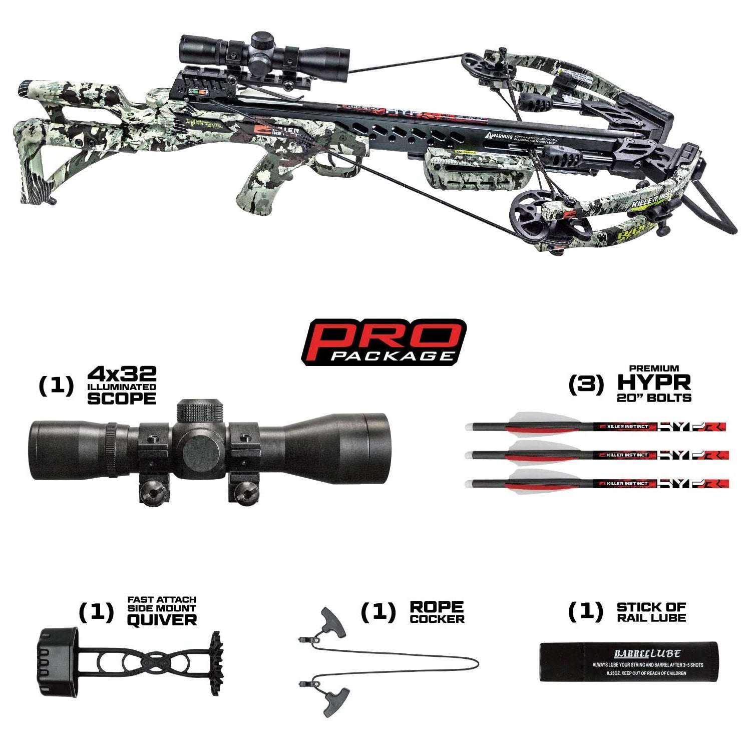 Killer Instinct Ripper 415 Hunting Crossbow with Scope, Quiver and 3 Bolts, Camo - VMInnovations
