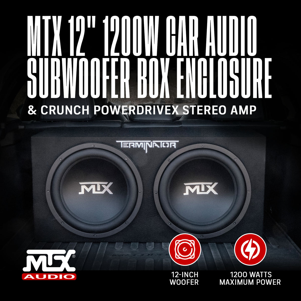 MTX 12" 1200W Car Audio Subwoofer Box Enclosure & Crunch PowerDriveX Stereo Amp - VMInnovations