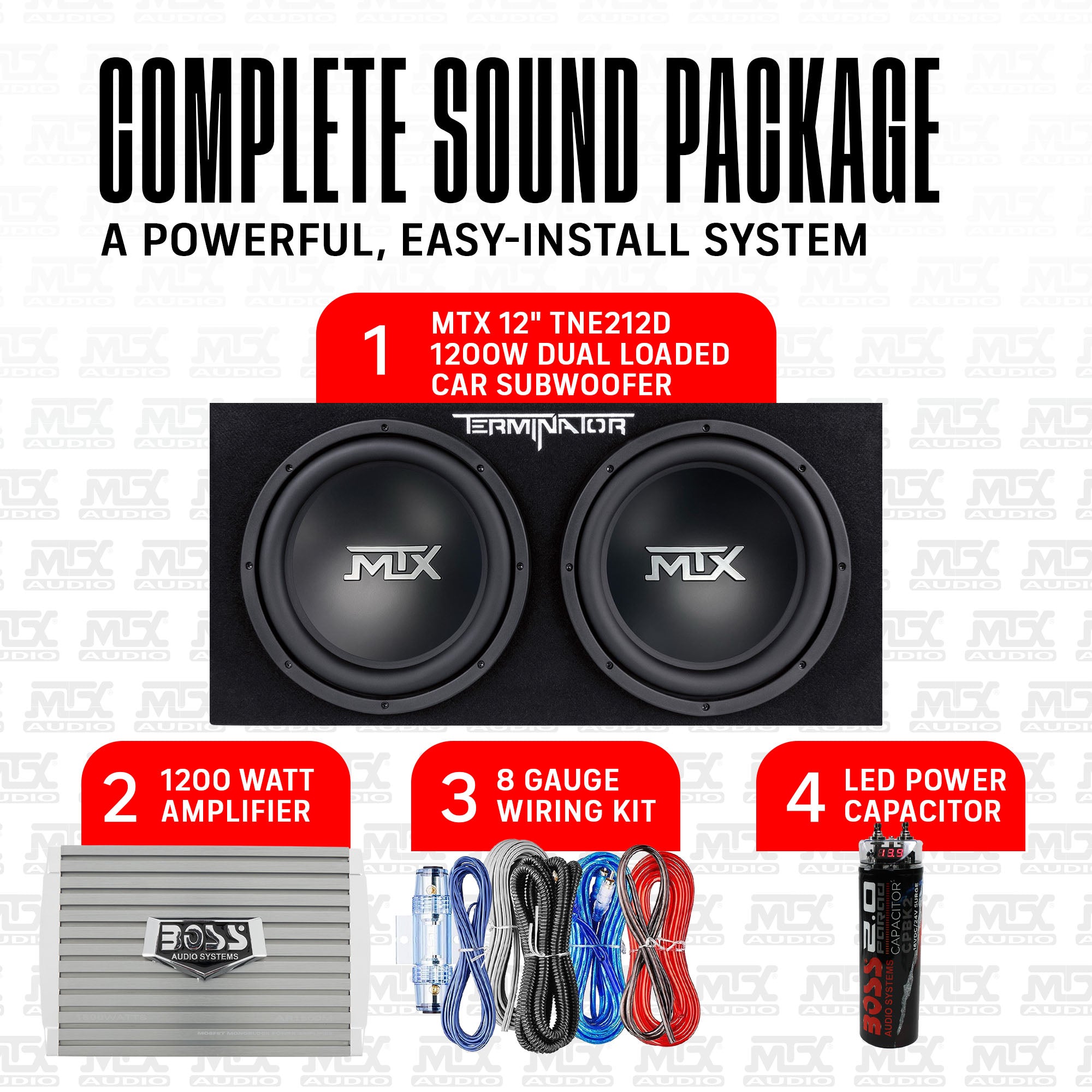 MTX TNE212D 12" 1200W Dual Loaded Subwoofer Box + 1500W Amplifier + Capacitor - VMInnovations