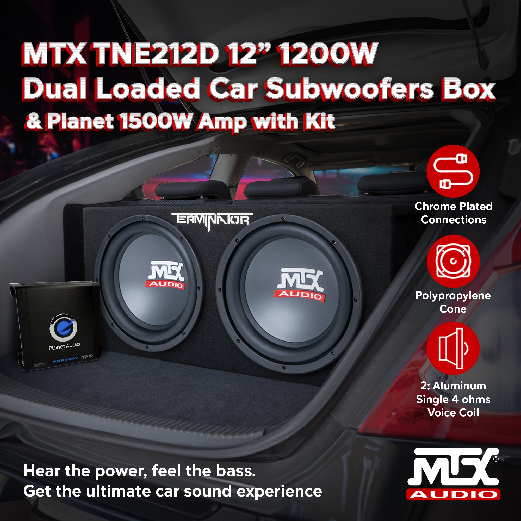 MTX TNE212D 12" 1200W Dual Loaded Car Subwoofers Box & Planet 1500W Amp with Kit - VMInnovations