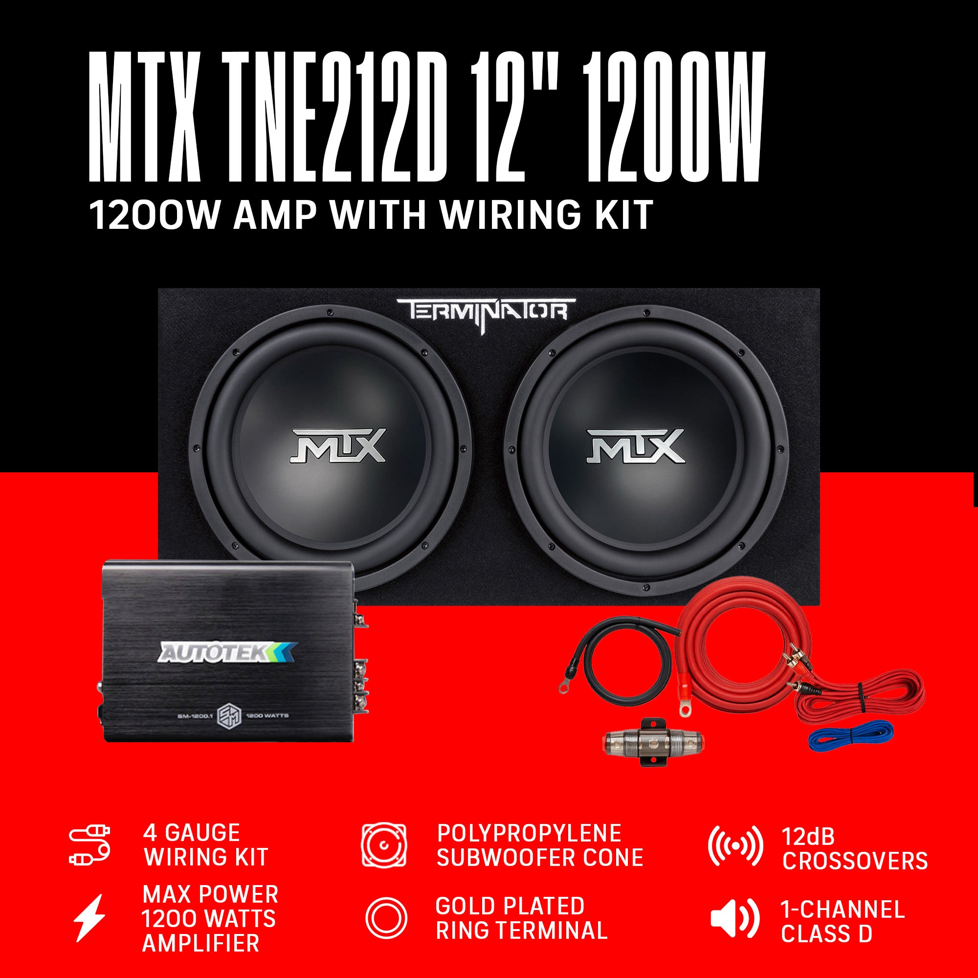 MTX TNE212D 12" 1200W Dual Loaded Car Subwoofer Package with 4 Gauge Wiring Kit - VMInnovations