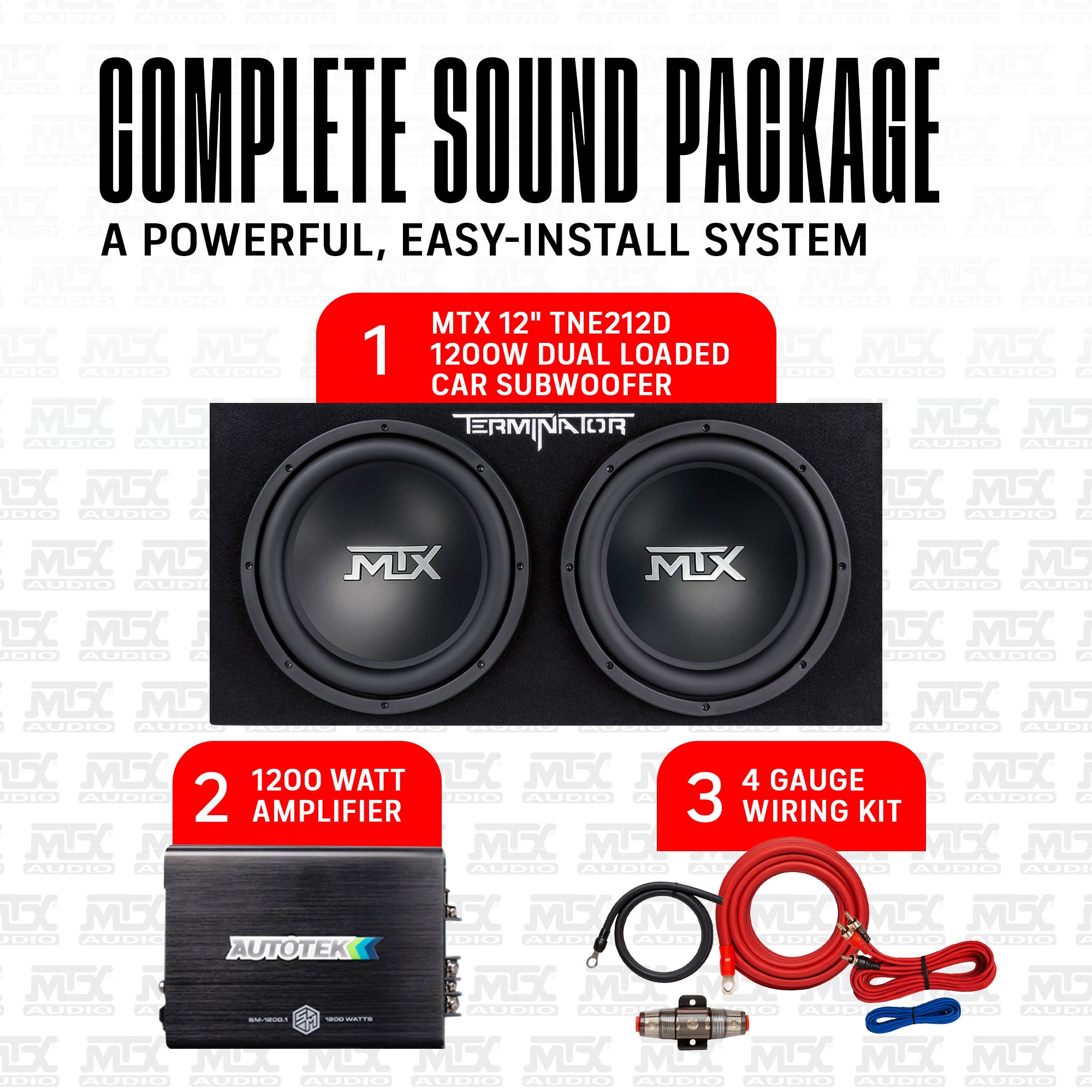 MTX TNE212D 12" 1200W Dual Loaded Car Subwoofer Package with 4 Gauge Wiring Kit - VMInnovations