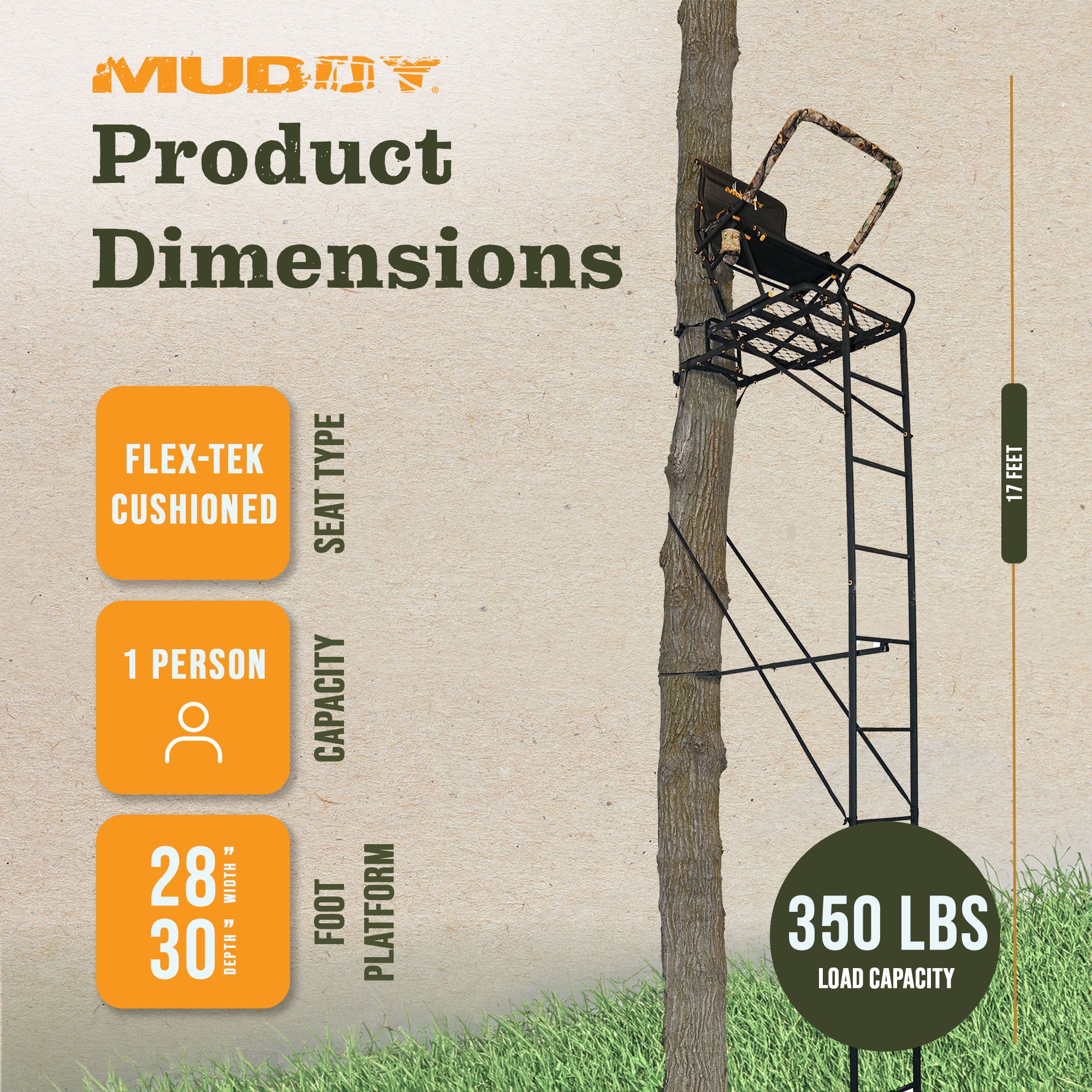 Muddy Boss Hawg 1.5 Deer Hunting 17 Foot Ladderstand Tree Stand w/Lumbar Seat - VMInnovations