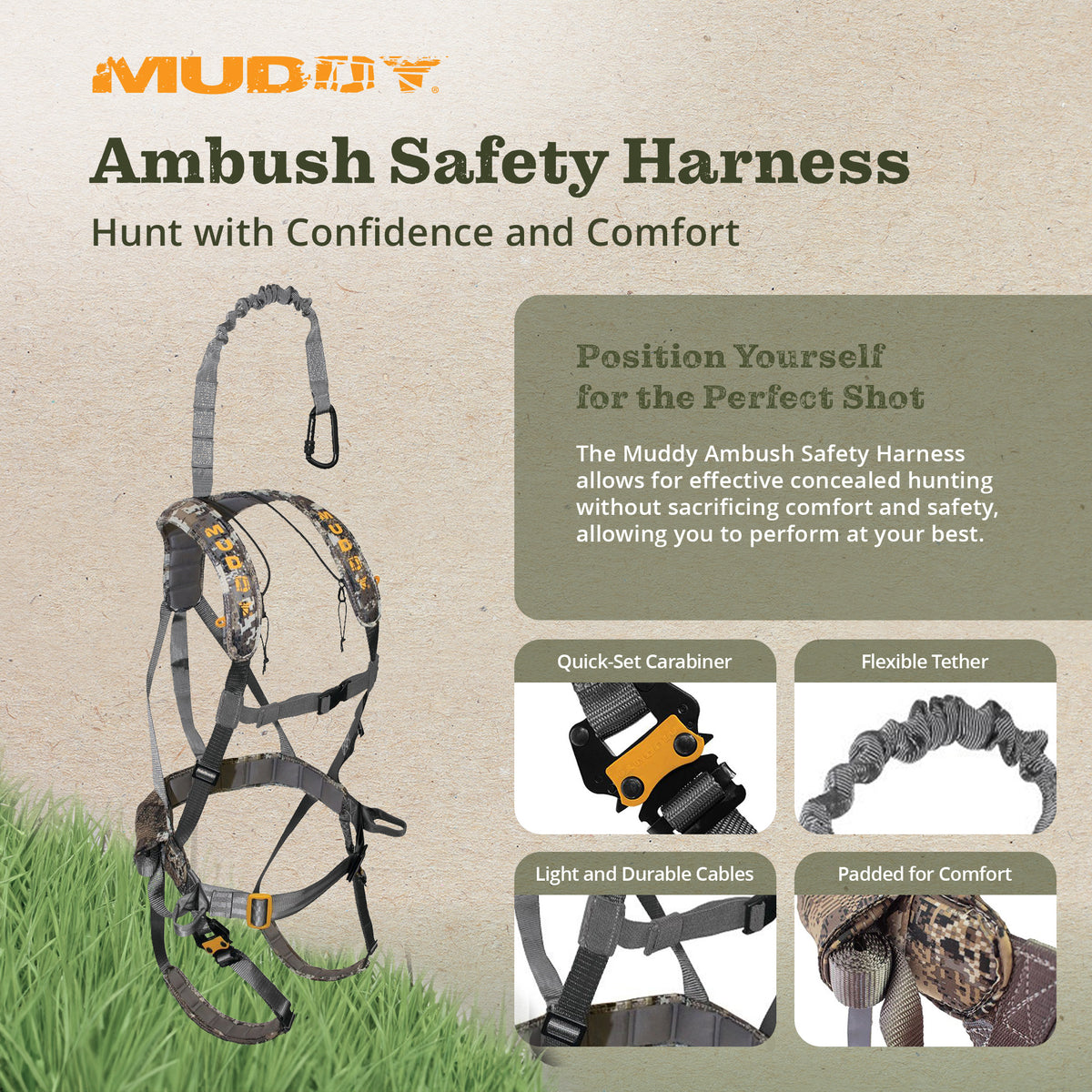 Muddy Ambush Hunting Quick Release Padded Deer Treestand Safety Harness, Camo - VMInnovations