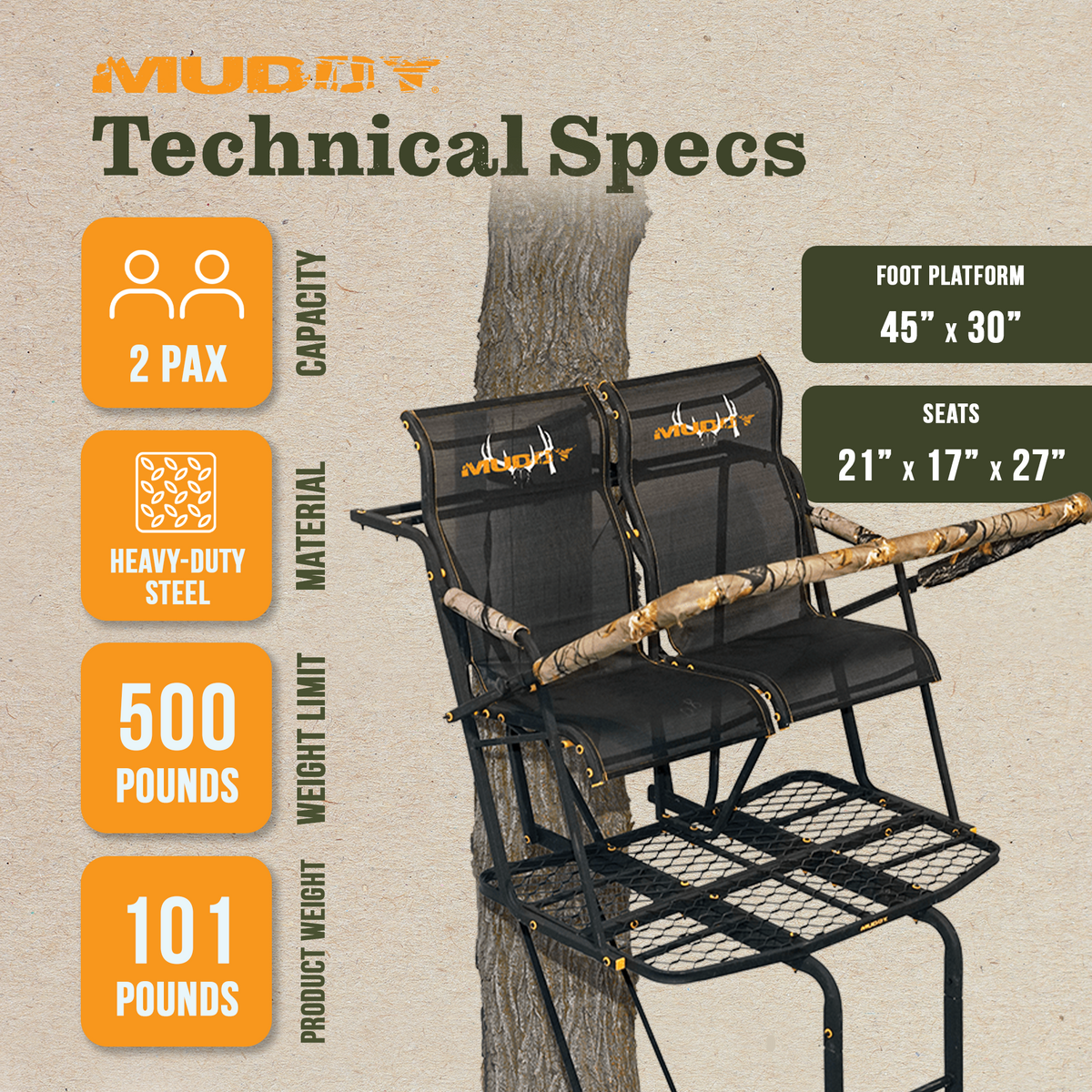 Muddy The Rebel 2.5, 17 Foot Hunting Ladderstand, 2 Person Climbing Tree Stand - VMInnovations