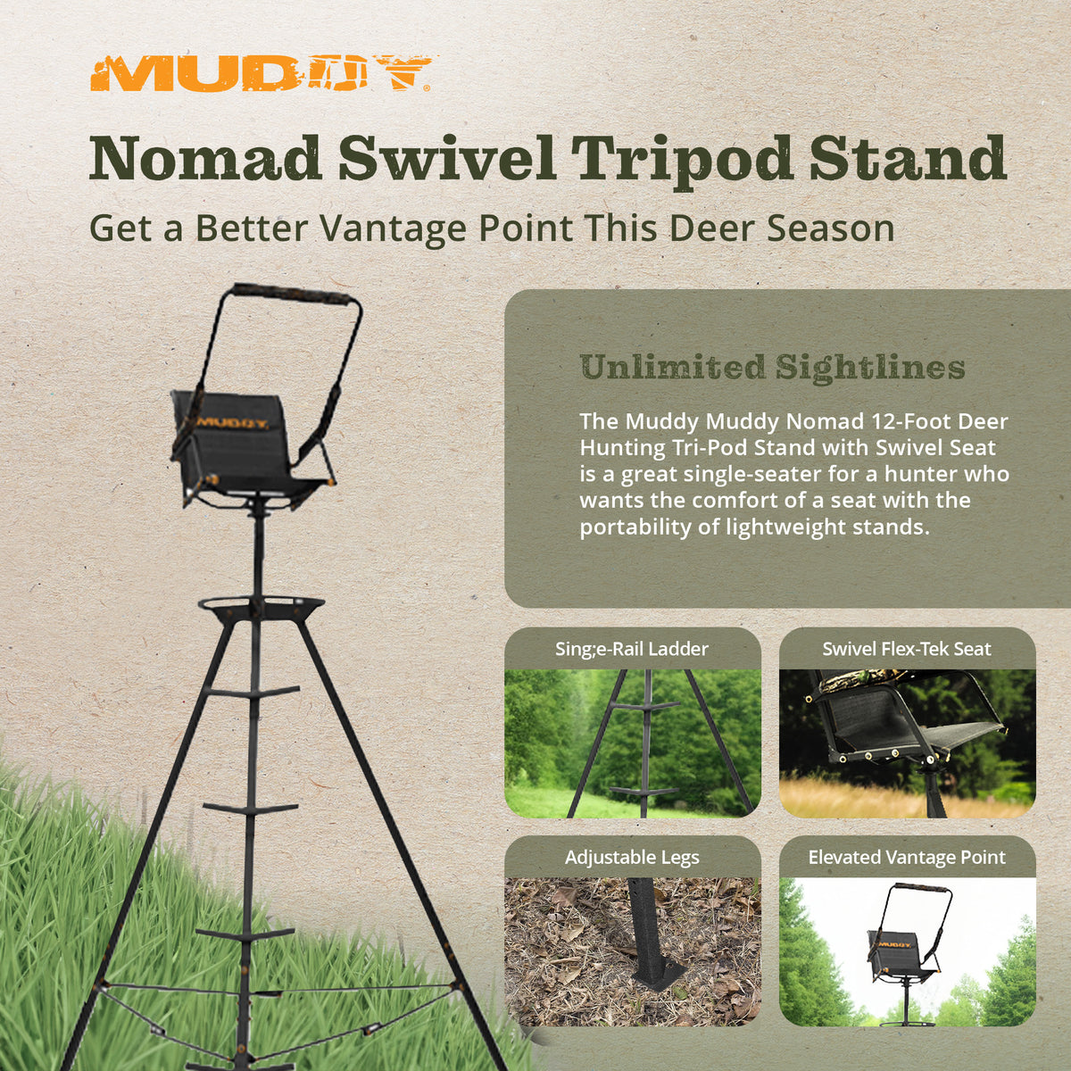 Muddy 12' Nomad Tripod Stand Hunting Gear w/ Swivel Flex Tek Seat Hunting Chair - VMInnovations