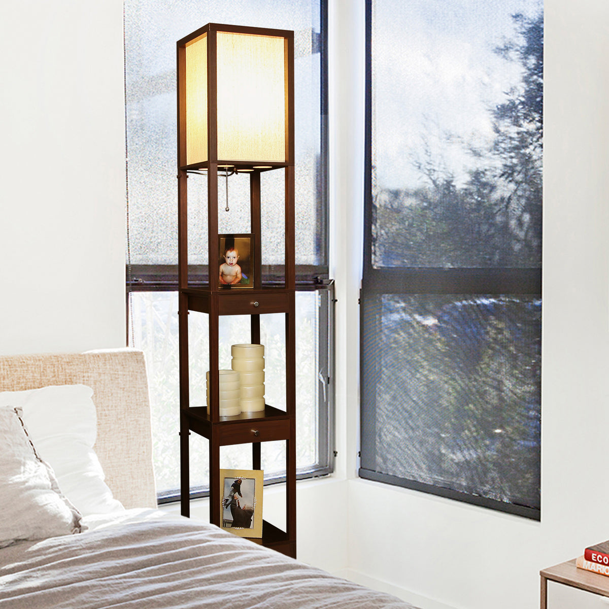 Brightech Maxwell Standing Tower Lamp w/ Shelves and Drawers, Brown (Open Box)