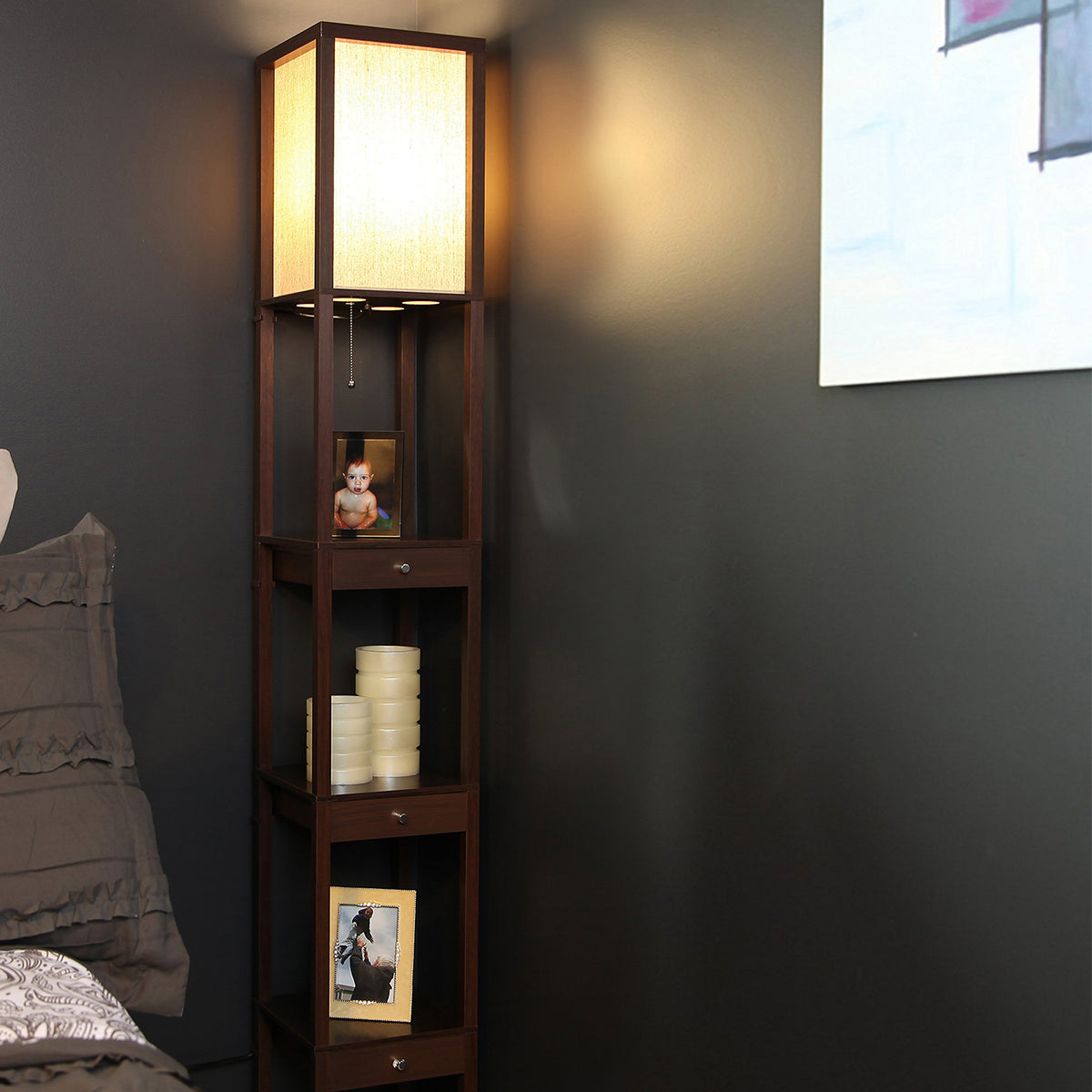 Brightech Maxwell Standing Tower Lamp w/ Shelves and Drawers, Brown (Open Box)