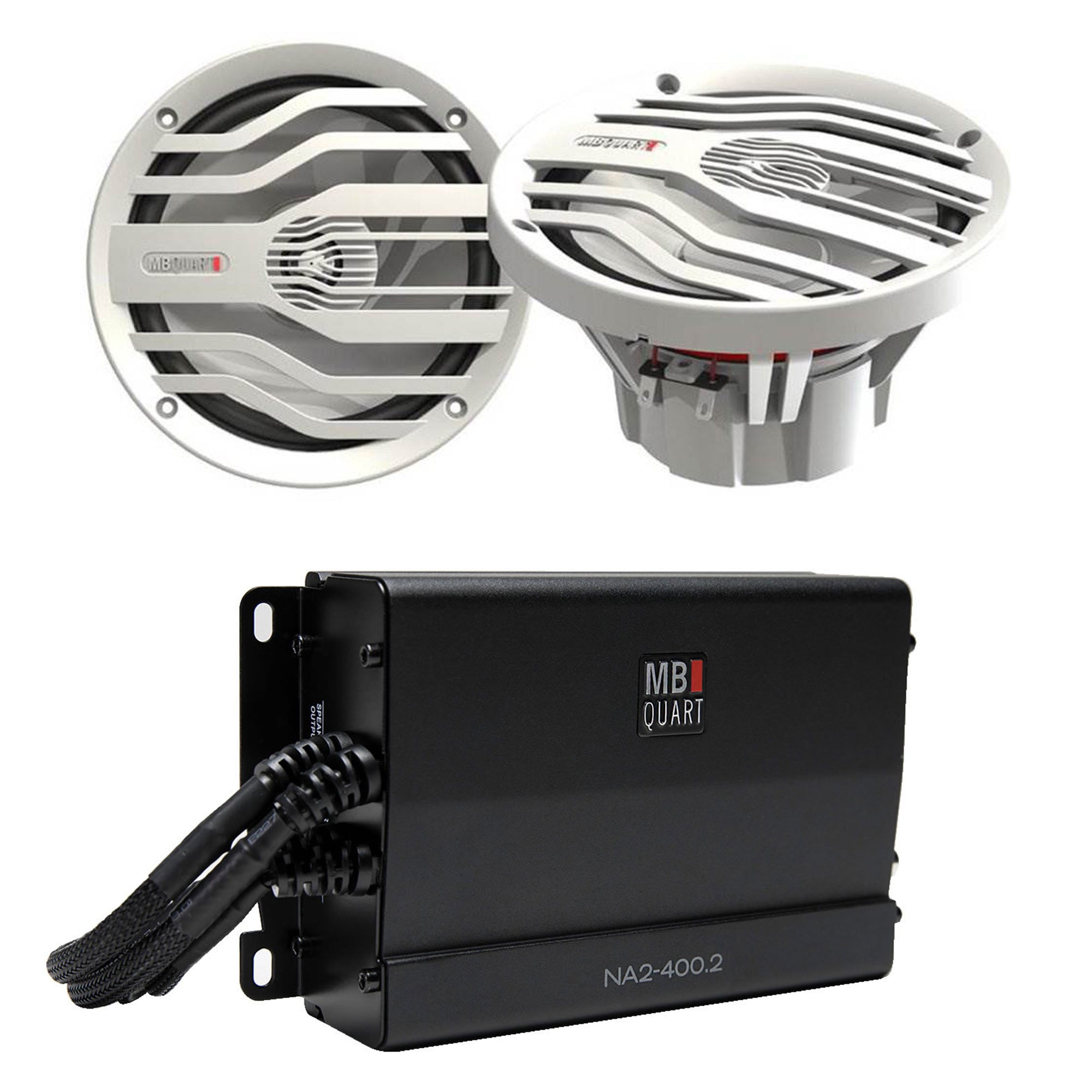 MB Quart Marine 2 Channel 400W Class D Amp and 6.5" 120W 2-Way Coaxial Speakers