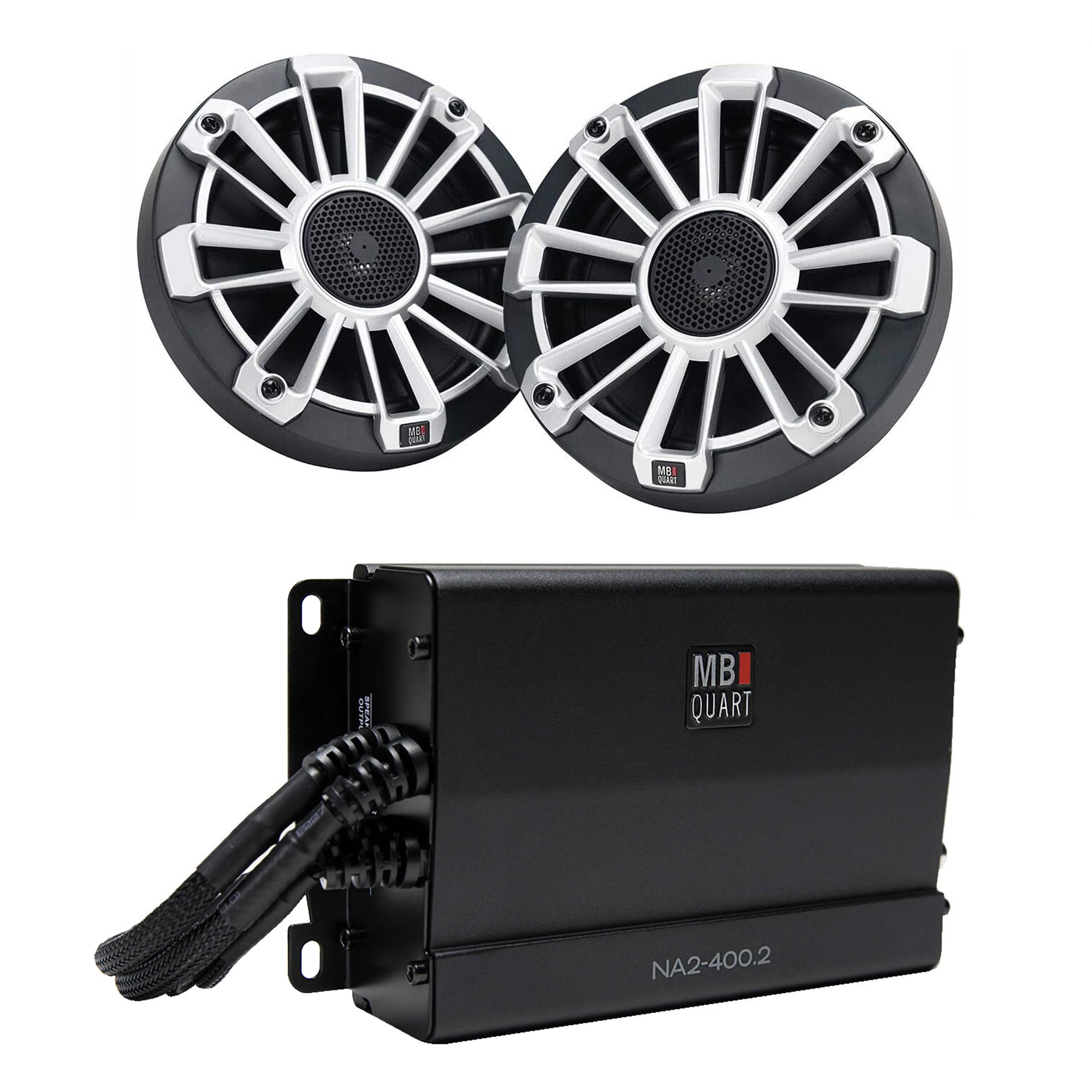 MB Quart Powersports Nautic 2 Channel Class D Amplifier w/ Marine Speaker Pair - VMInnovations