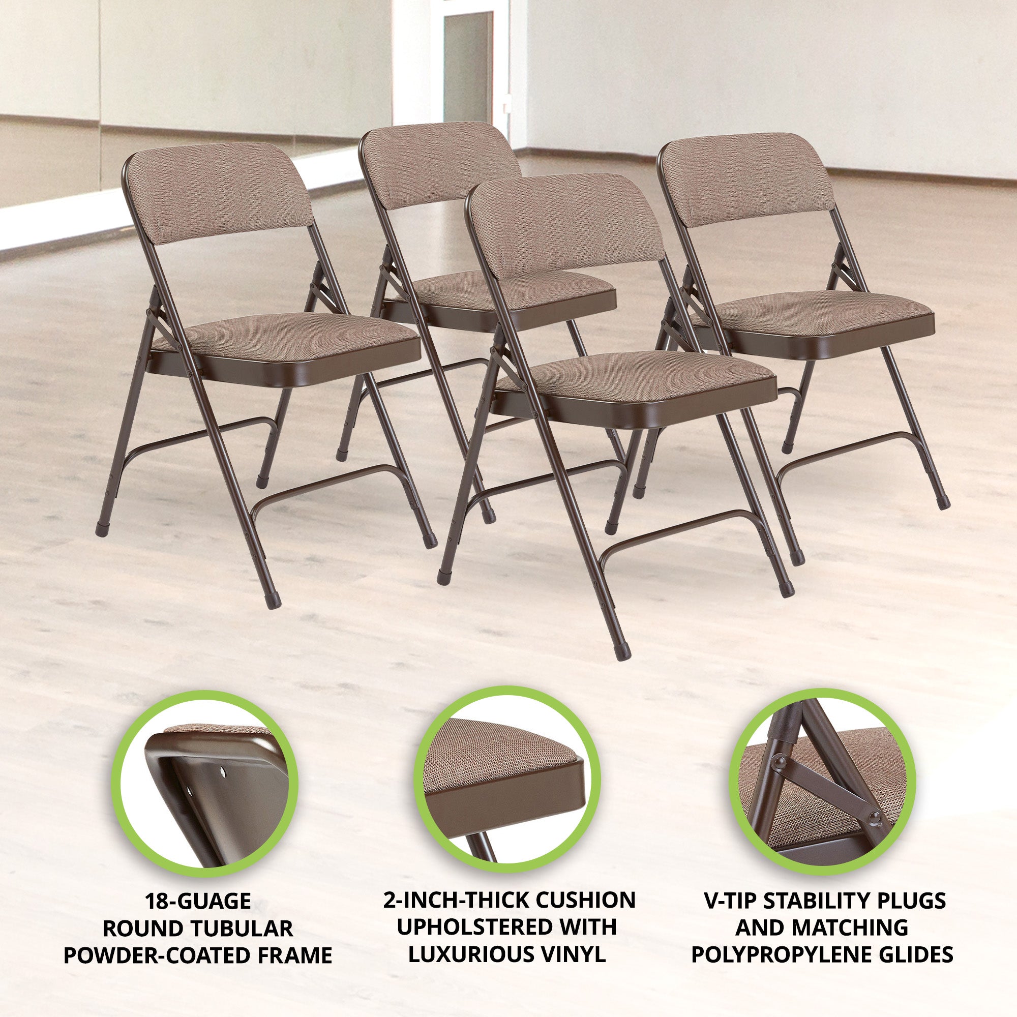 NPS 2200 Series 2" Cushion Fabric Upholstered Folding Chair, Walnut, 4 Pack - VMInnovations