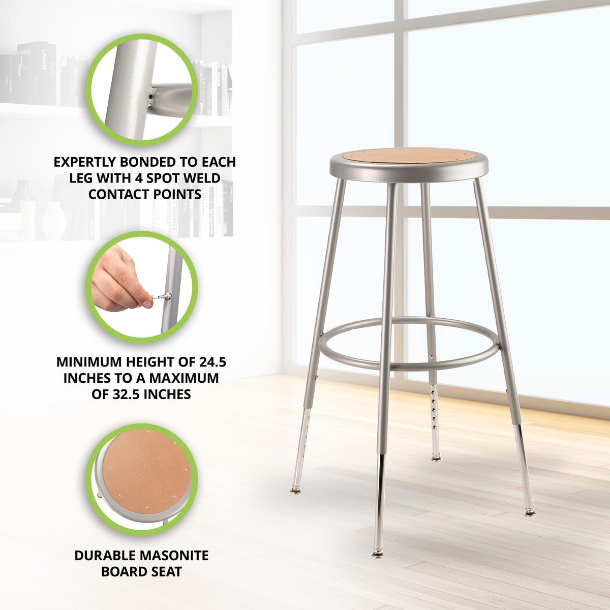 National Public Seating 6200 Series Height Adjustable Steel Frame Stool, Gray