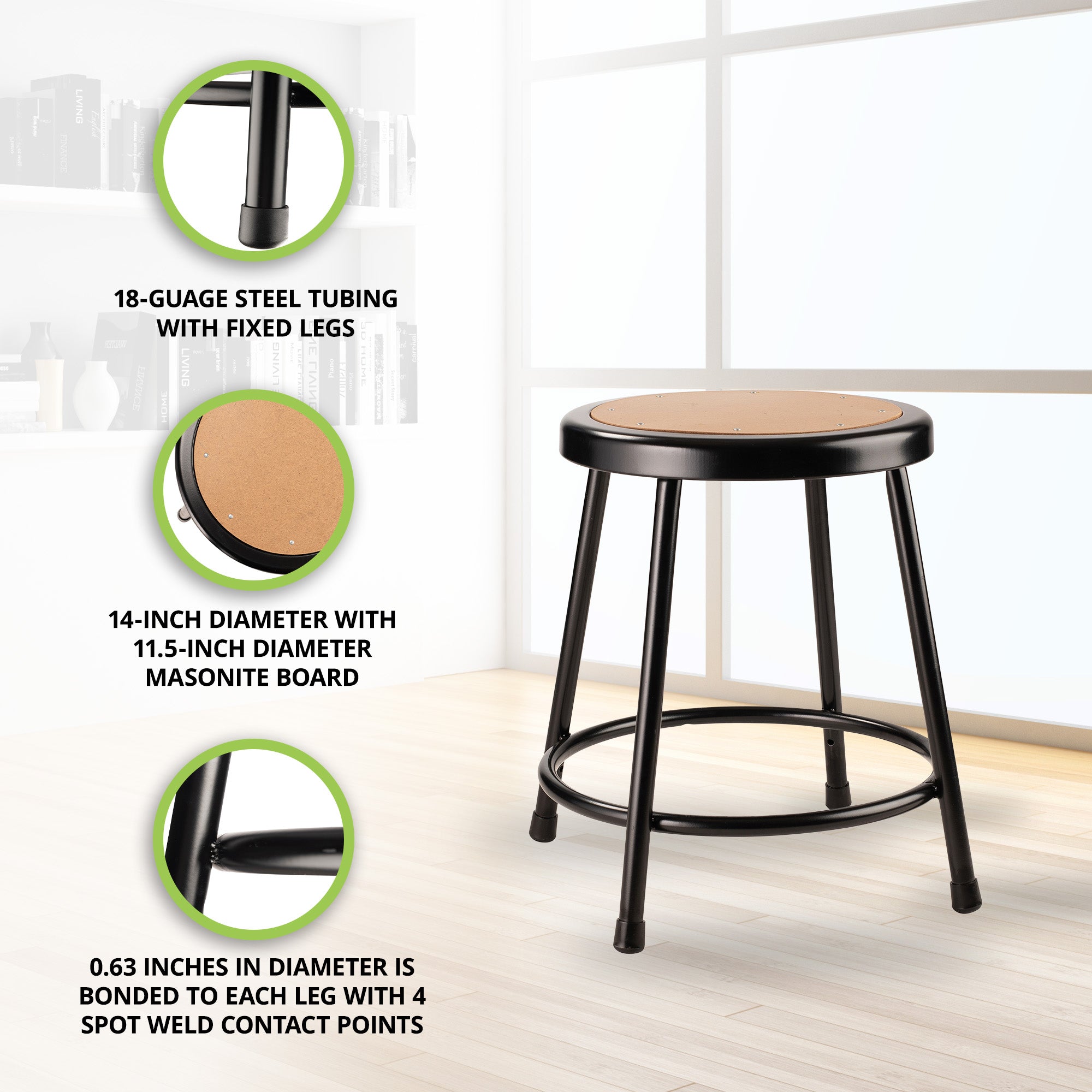 National Public Seating 6200 Series 18" Steel Stool, Black (Open Box) - VMInnovations