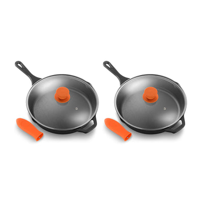 NutriChef 10 Inch Seasoned Non Stick Cast Iron Frying Pan Set w/ Lid (2 Pack)
