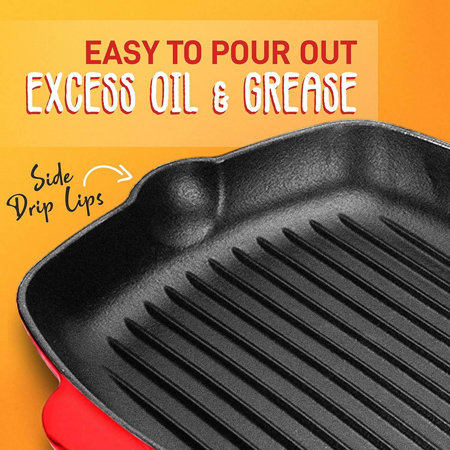NutriChef 11 Inch Square Cast Iron Skillet with Porcelain Enamel Coating, Red - VMInnovations