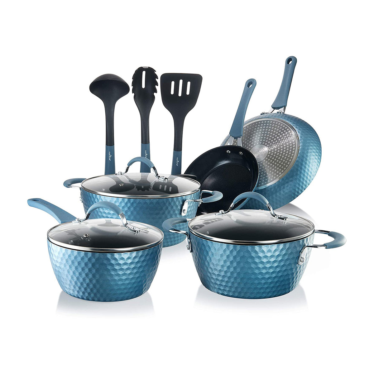 NutriChef 11 Piece Nonstick Pattern Kitchen Cookware Set, Royal Blue (Used)