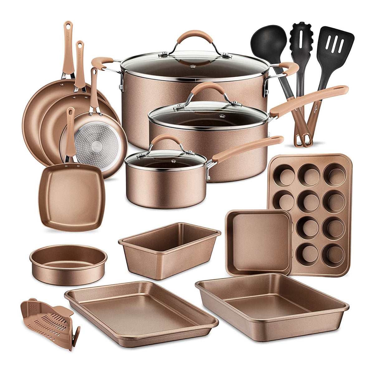 NutriChef 20 Piece Nonstick Kitchen Cookware Pots & Pans Set, Bronze (2 Pack) - VMInnovations