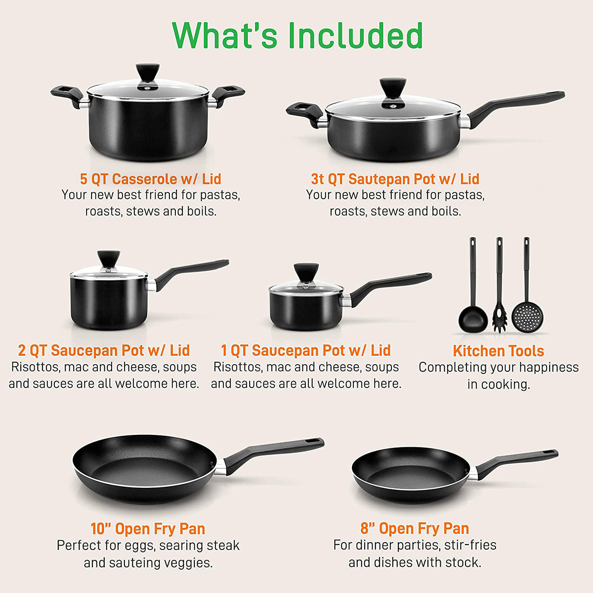 NutriChef Nonstick Cooking Kitchen Cookware Pots and Pan, 52 Piece Set, Black