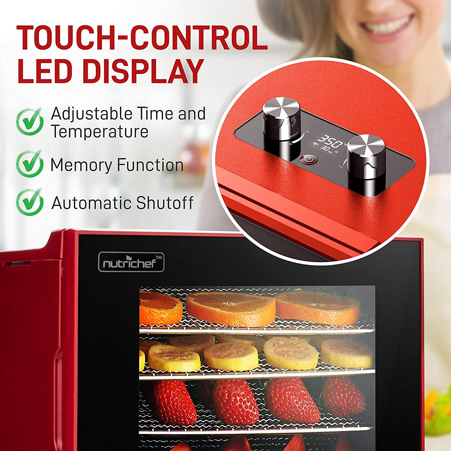 NutriChef 350 Watts Multi Tier Dehydrator Machine with 4 Trays, Red (Open Box)
