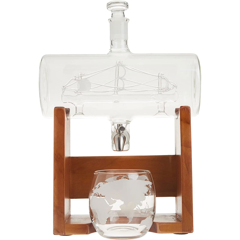 NutriChef Home Bar Glass Barrel Whiskey Carafe Alcohol Decanter Set w/ Glasses