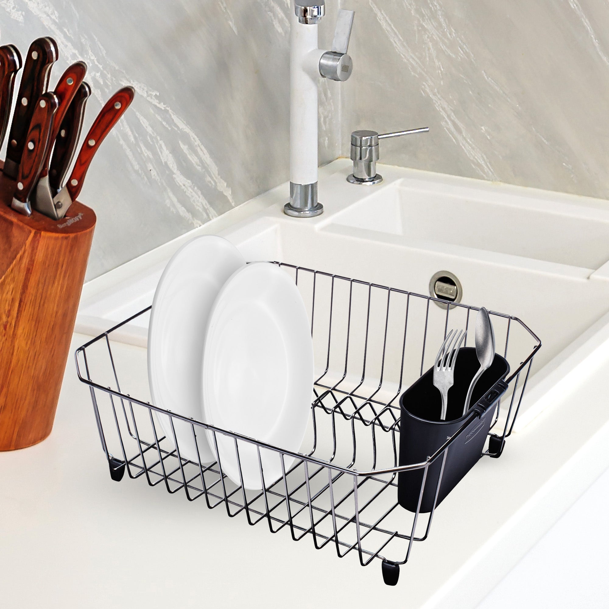 Rubbermaid Home Kitchen Gadget Twin Sink 11 Slot Dish Rack Drainer, Black Chrome - VMInnovations