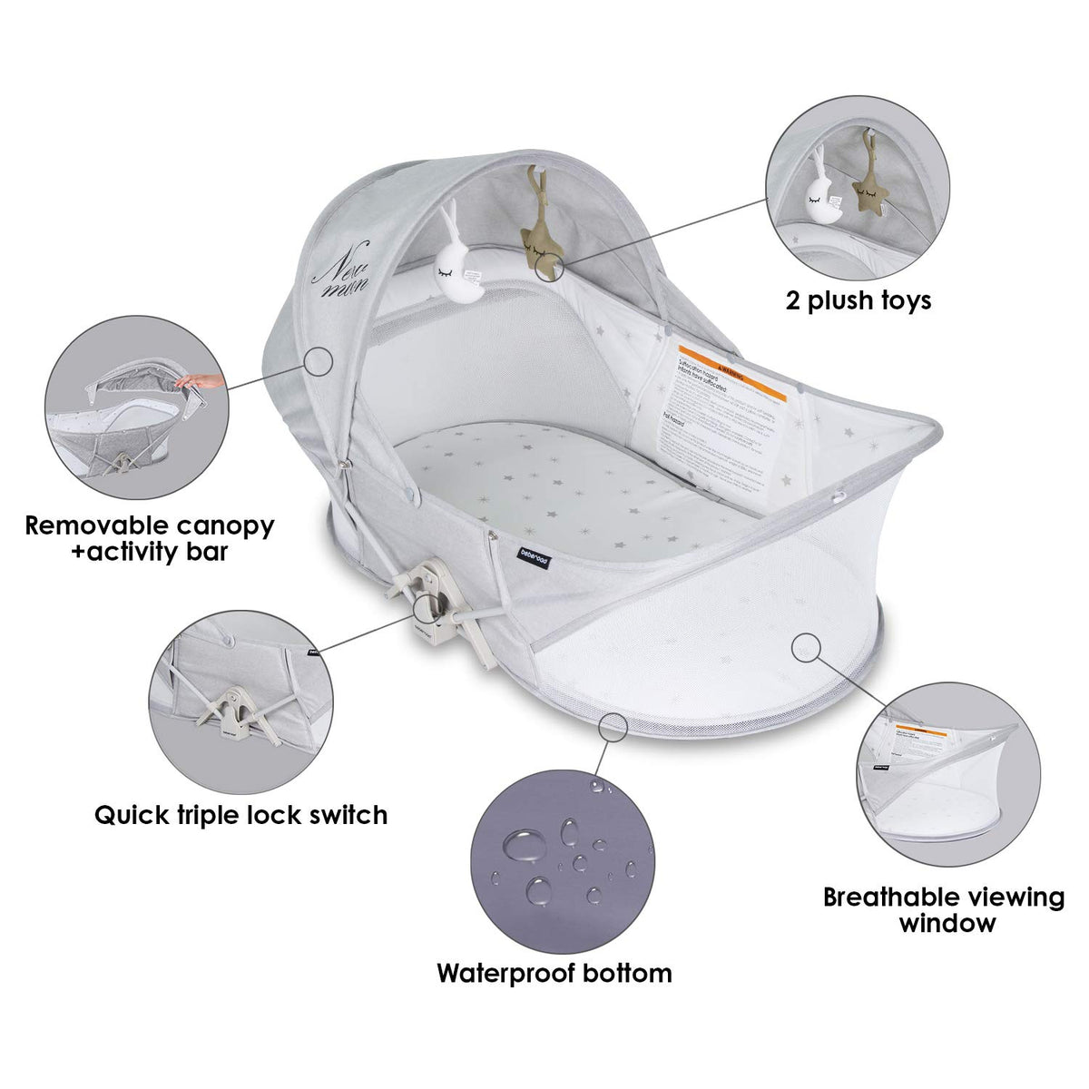 Beberoad Portable Foldable Newborn Bassinet w/ Mosquito Net, Light Gray (Used)