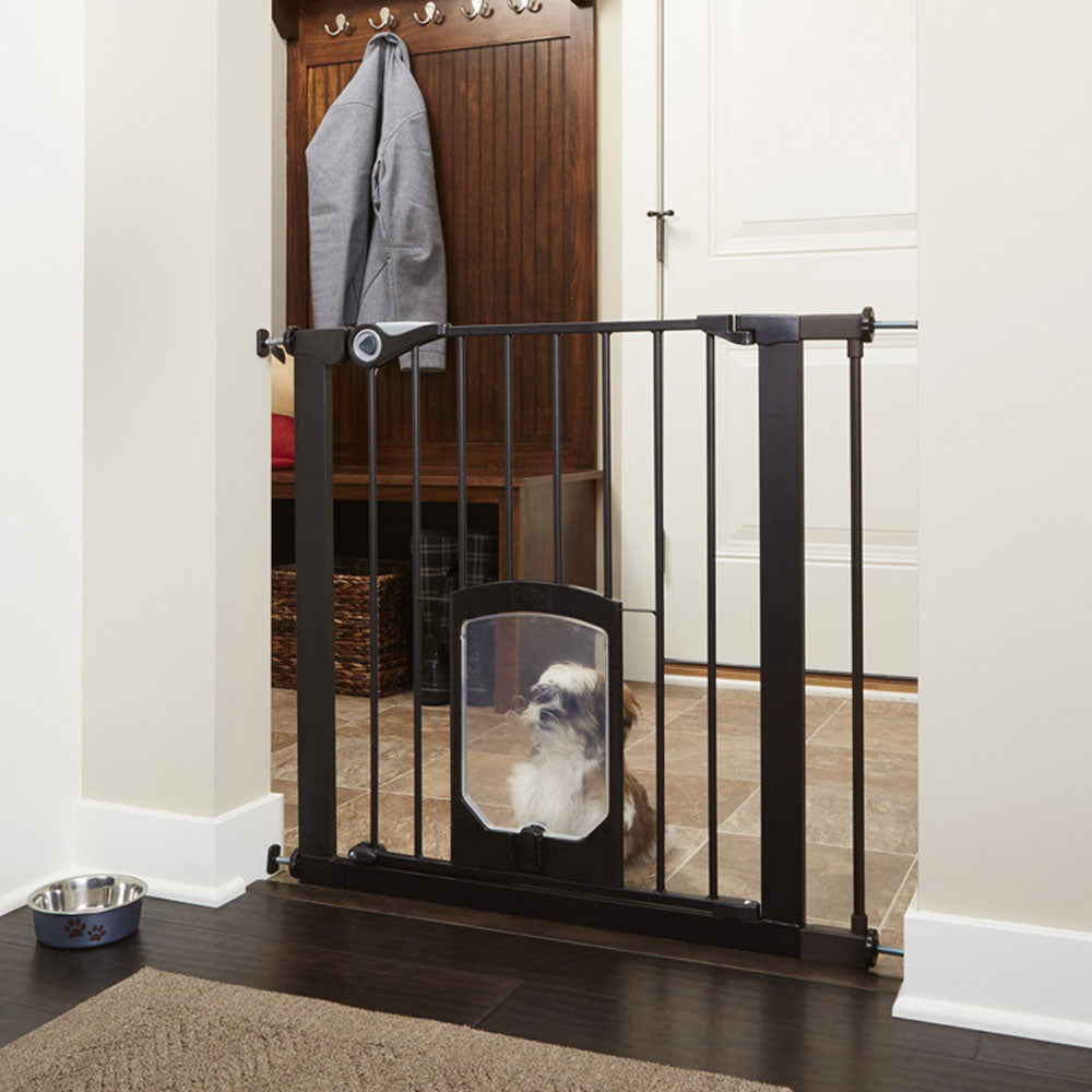 North States 5264S Petgate Passage 30 to 38 Inch Pet Gate with Door Flap, Bronze