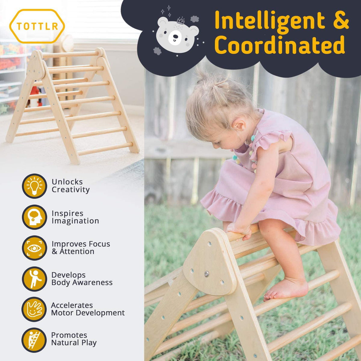 Tottlr All Wooden Toddler Growth Development Activity Climbing Triangle Play Set - VMInnovations